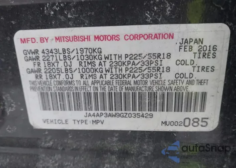 2016 Mitsubishi Outlander Sport 2.4 Es from USA, damaged, VIN JA4AP3AW9GZ035429